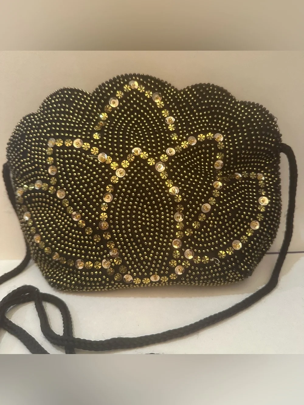 Vintage Beaded Floral Black Evening Crossbody Bag with Gold Sequin Accents